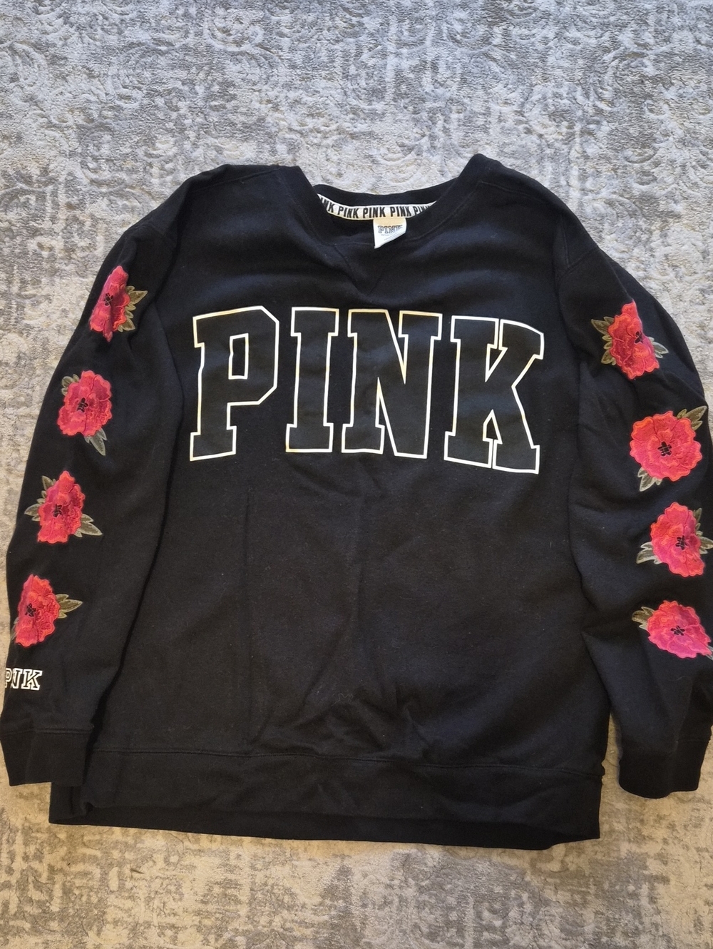 PINK Victoria's Secret Black Crewneck Sweater with Pink Floral Sleeves